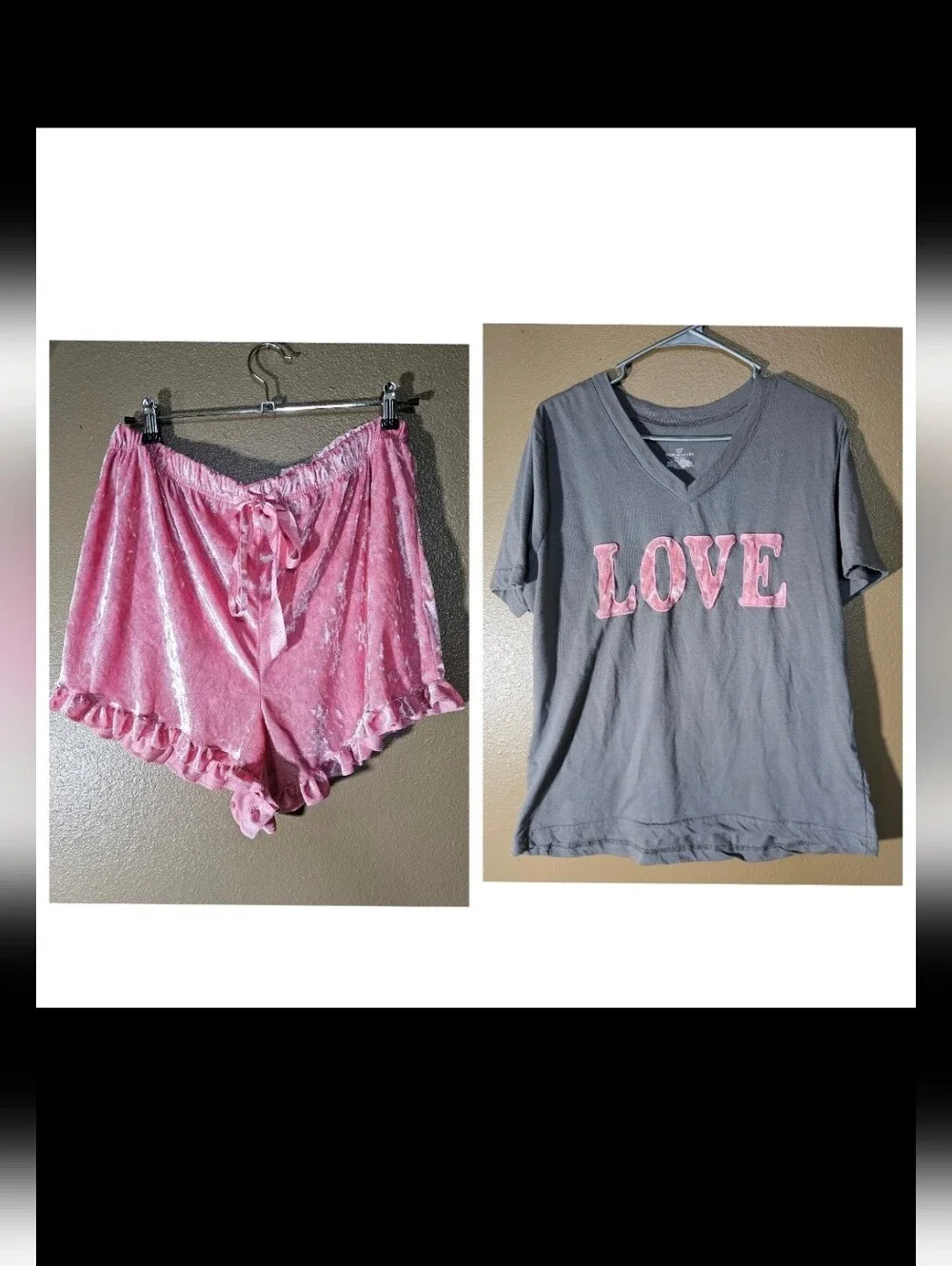 Bobbie Brooks Matching Lounge Set Pink Velvet Ruffle Sleep Shorts Gray LOVE Tee